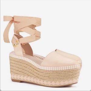 Tory Burch Dandy Cream Leather Ankle Wrap Espadrille Wedge Sandals